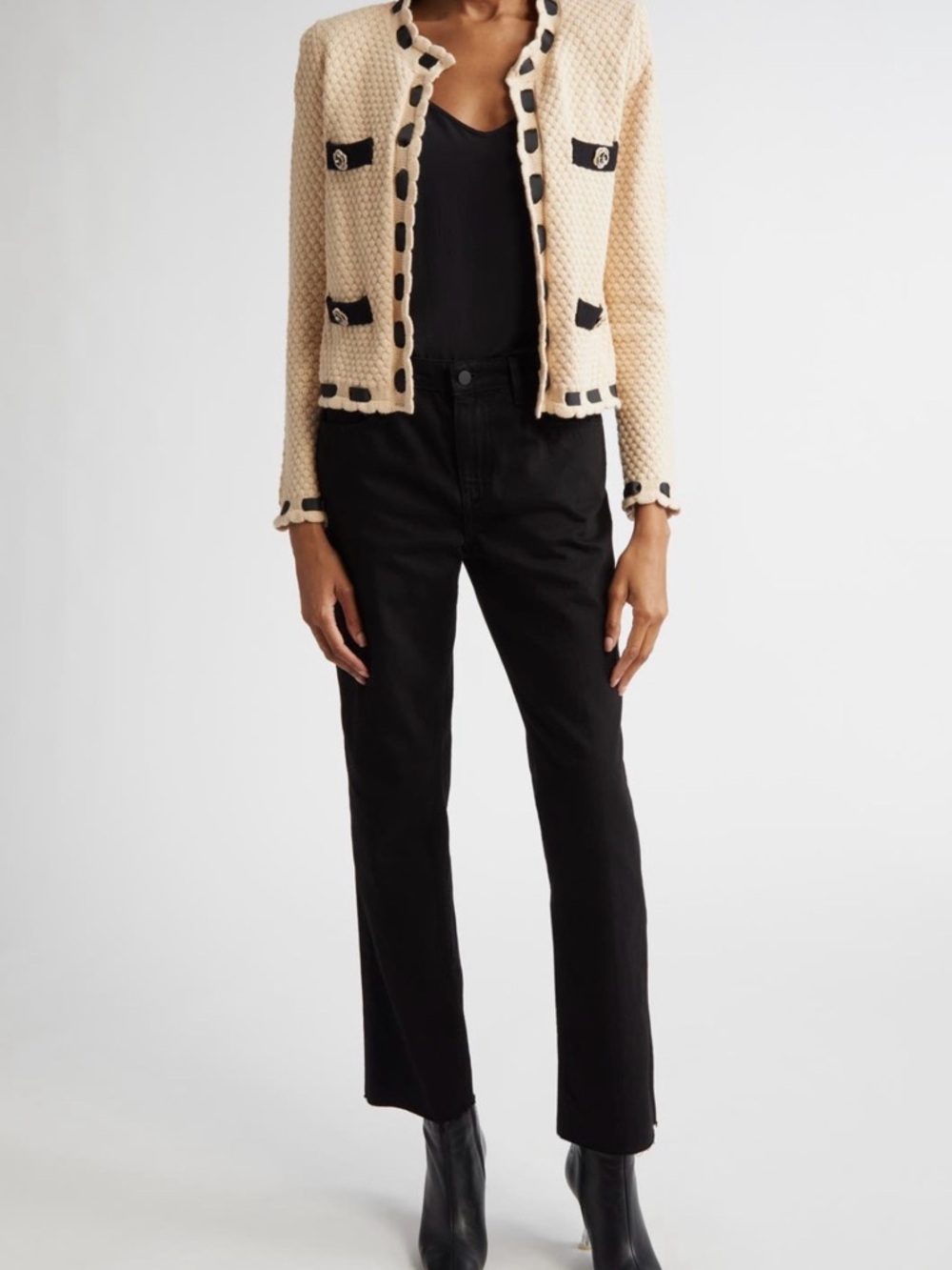 L'AGENCE Astor Contrast Trim Cardigan in Biscuit/Black - Picture 2 of 15